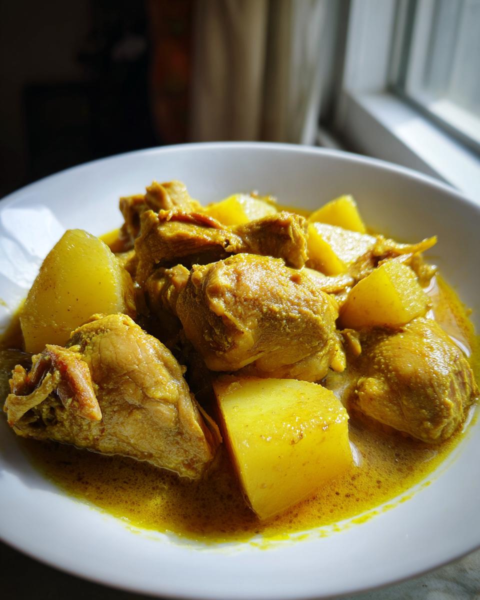 Close-up of tender pieces of Jamaican curry chicken served in a rich yellow sauce with large chunks of potato.