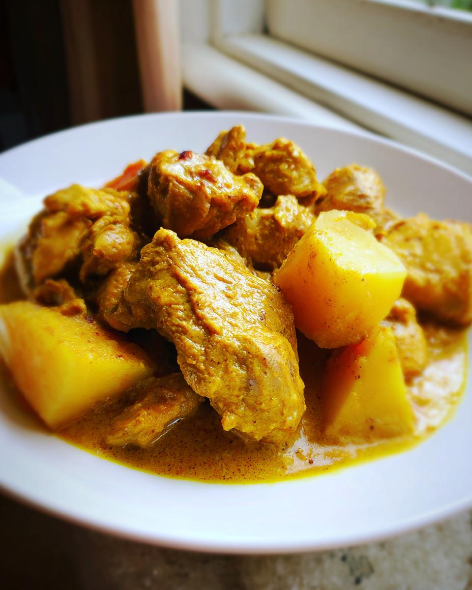 Close-up of rich, yellow Jamaican curry chicken served with large chunks of potato in a white bowl.