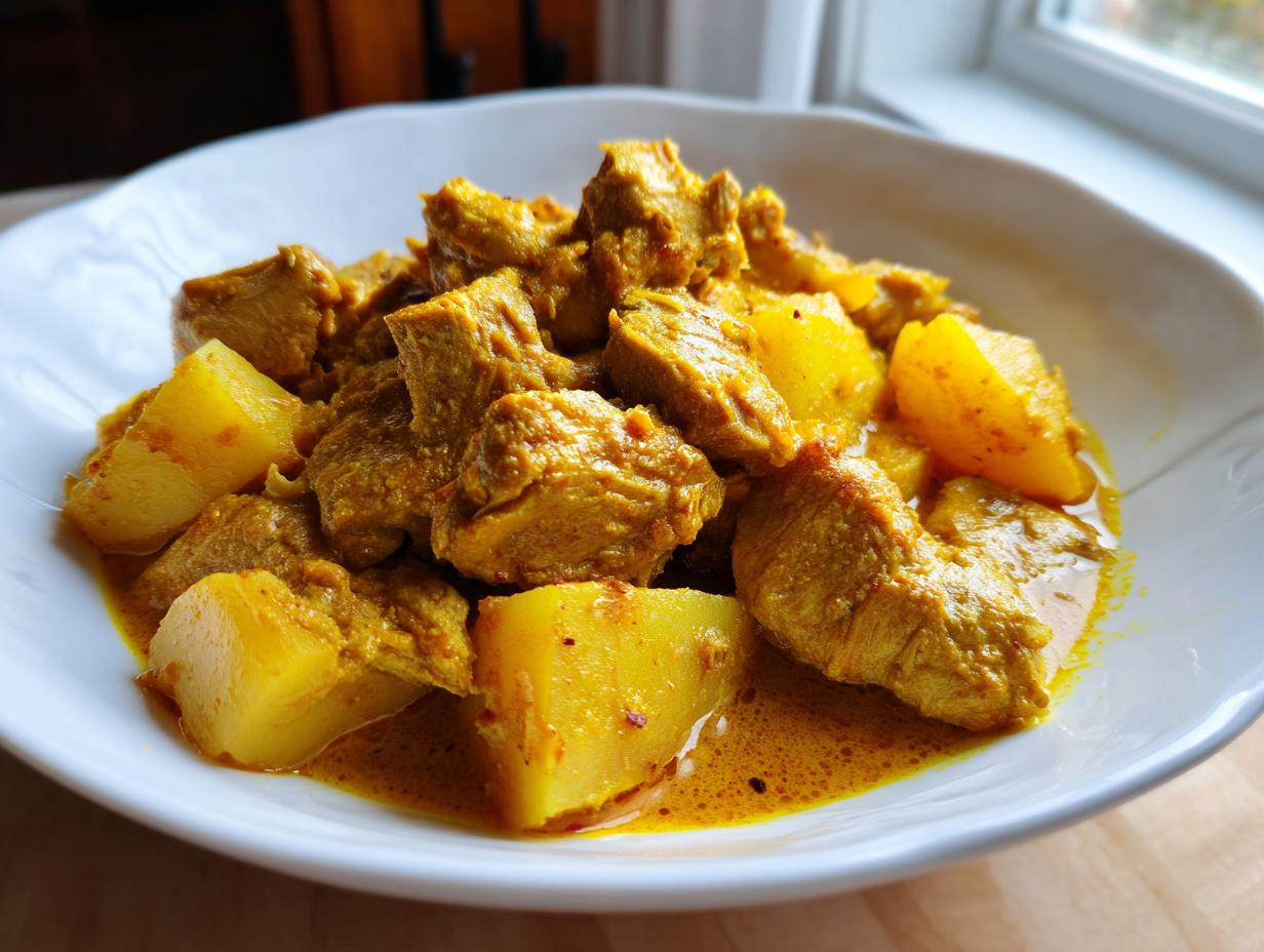 Close-up of tender chunks of Jamaican curry chicken and potatoes in a rich, yellow curry sauce.