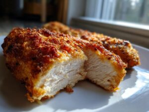 Close-up of juicy air fryer chicken breast, showing the crispy golden breading and moist white interior.