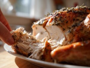 A hand gently pulls apart a slice of perfectly cooked, juicy turkey breast showing moist white meat and crispy herb skin.