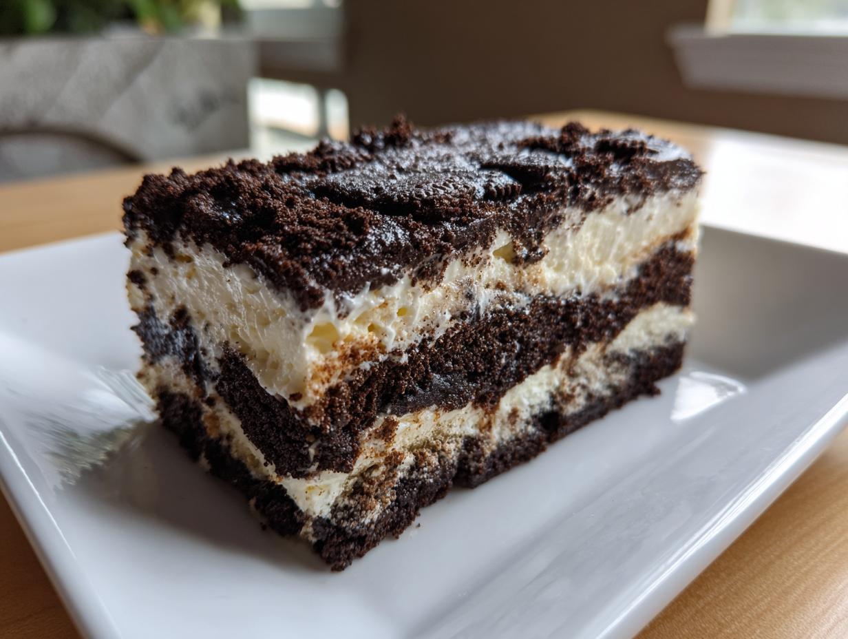A decadent slice of layered dirt cake featuring alternating layers of dark chocolate cookie crumbs and creamy white filling.
