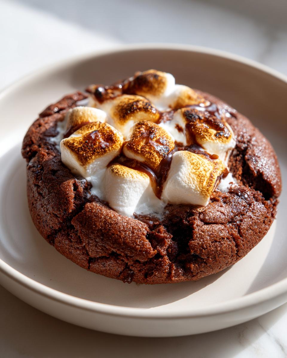 Close-up of a rich, dark chocolate hot chocolate cookies topped with melted, toasted marshmallows and chocolate drizzle.