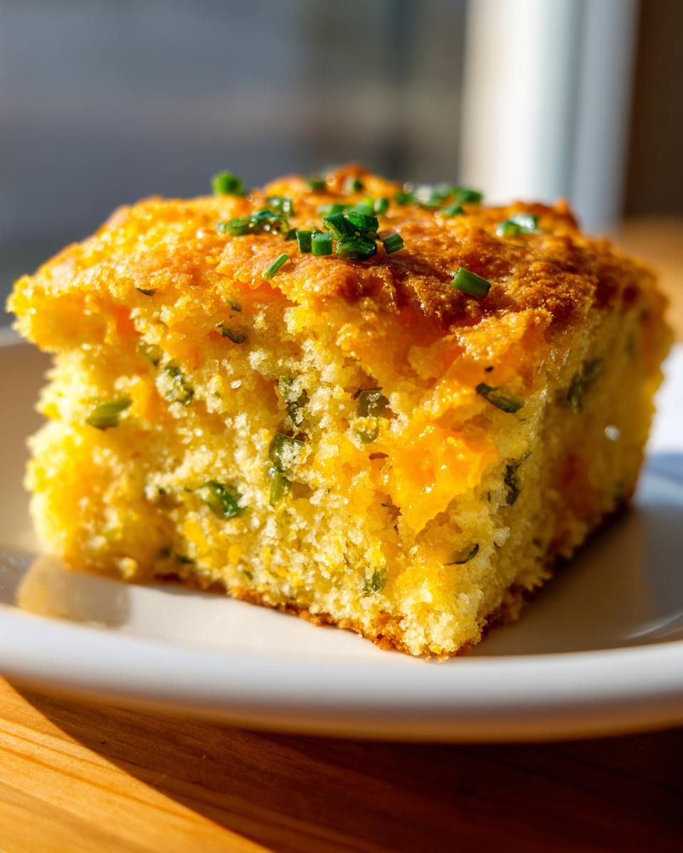 Close-up of a moist, golden slice of Mexican cornbread topped with fresh green chives.