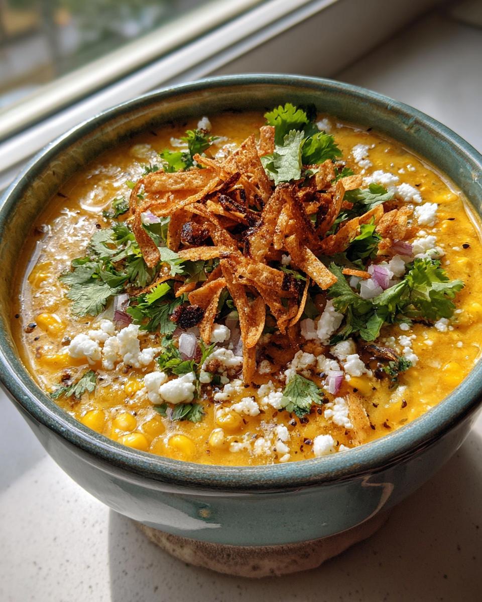 A close-up of a vibrant bowl of Mexican street corn soup, garnished with cotija cheese, cilantro, and crispy fried onions.