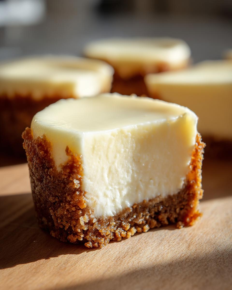 A close-up view of one perfect mini cheesecake with a thick graham cracker crust and creamy filling.