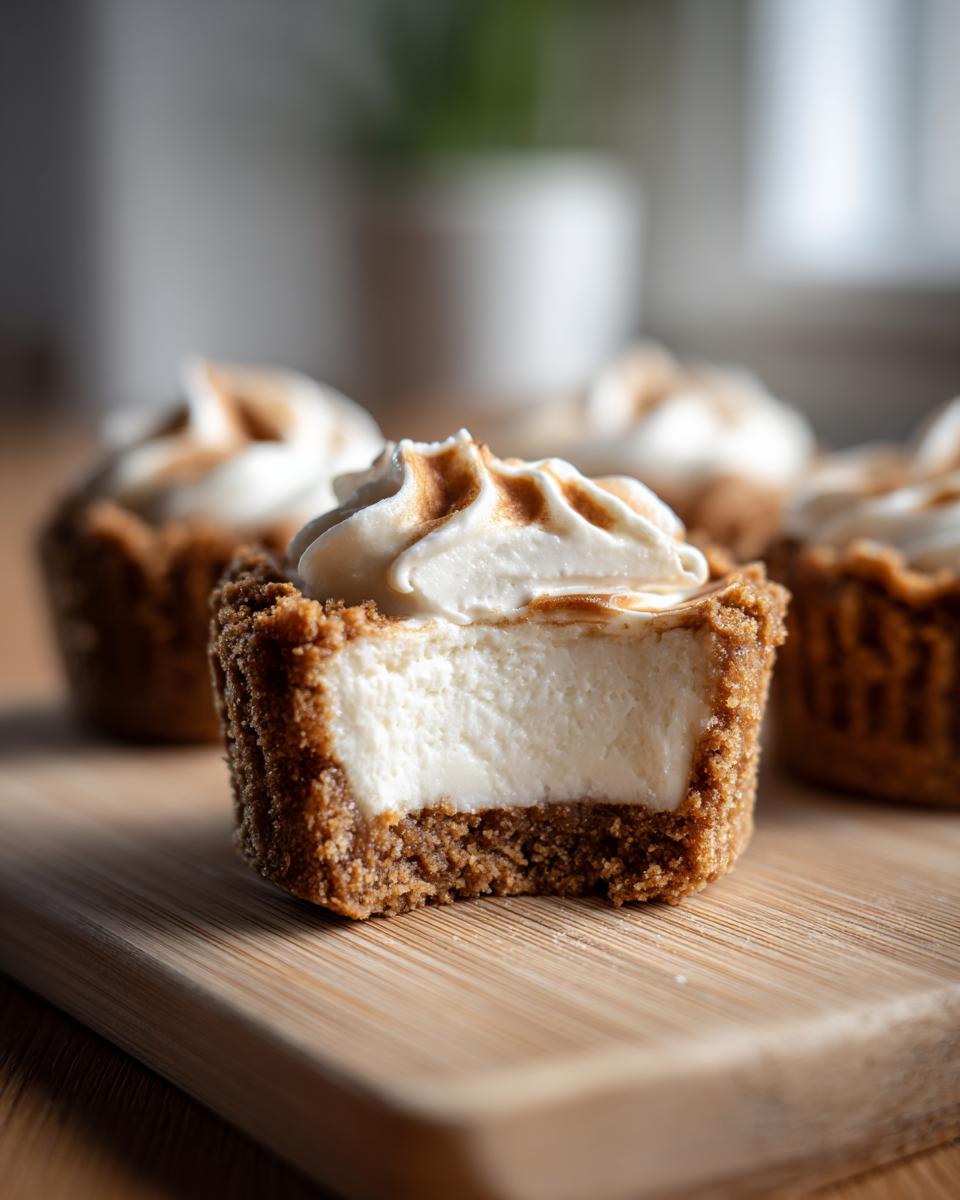 Close-up of a mini cheesecake bite with a graham cracker crust, creamy filling, and torched whipped topping.
