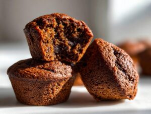 Close-up of three dark brown, moist bran muffins stacked, showing the crumb texture of the top one.