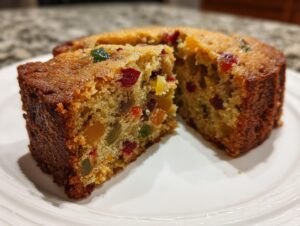 Close-up of a moist fruit cake cut in half, showing colorful candied fruits embedded in the crumb.