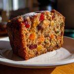 Close-up of a moist slice of fruit cake packed with colorful candied fruits and nuts, dusted with powdered sugar.