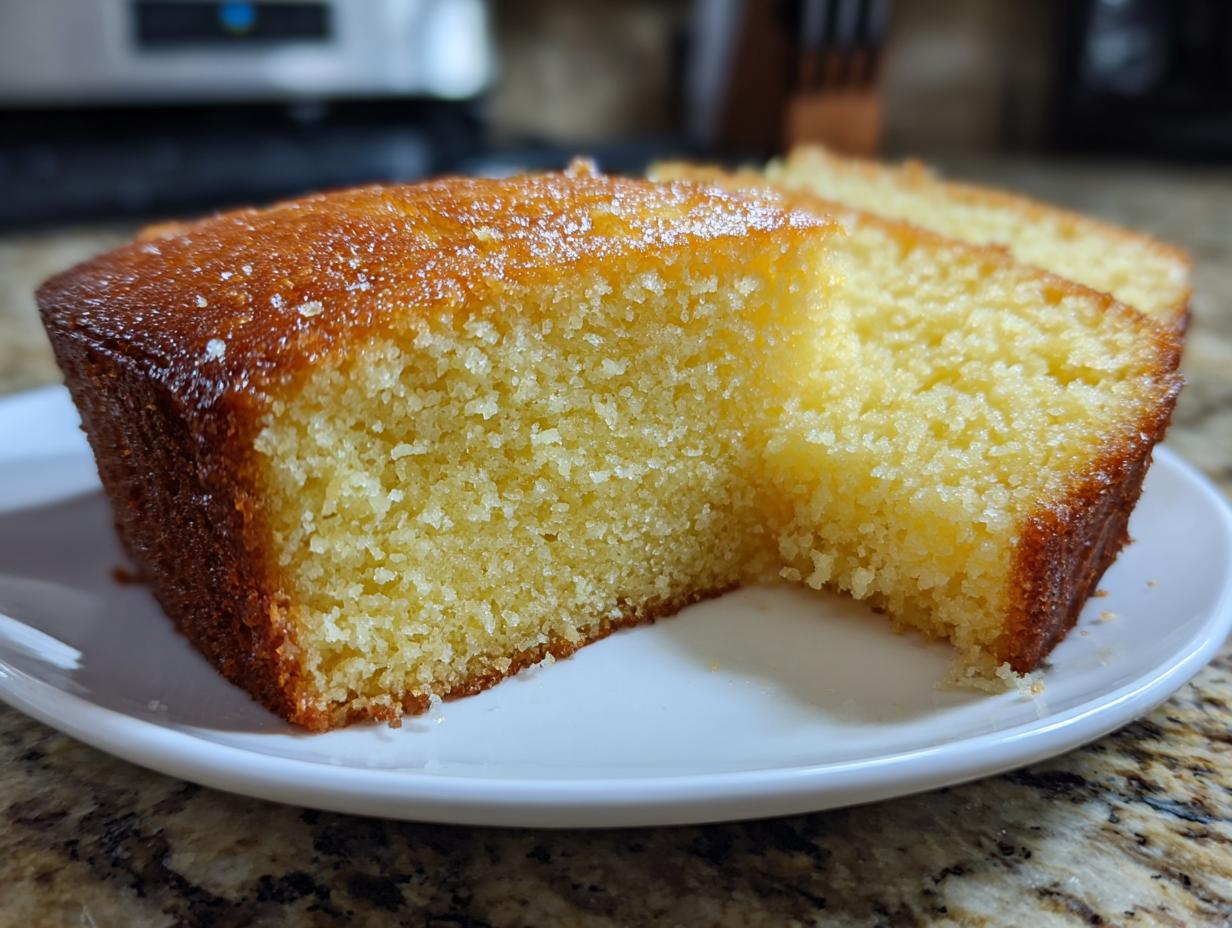 Close-up of moist, yellow slices of olive oil cake with a glossy, caramelized top.