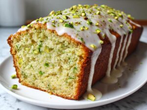 A loaf of moist pistachio bread, sliced to show the interior, topped with white glaze and chopped pistachios.
