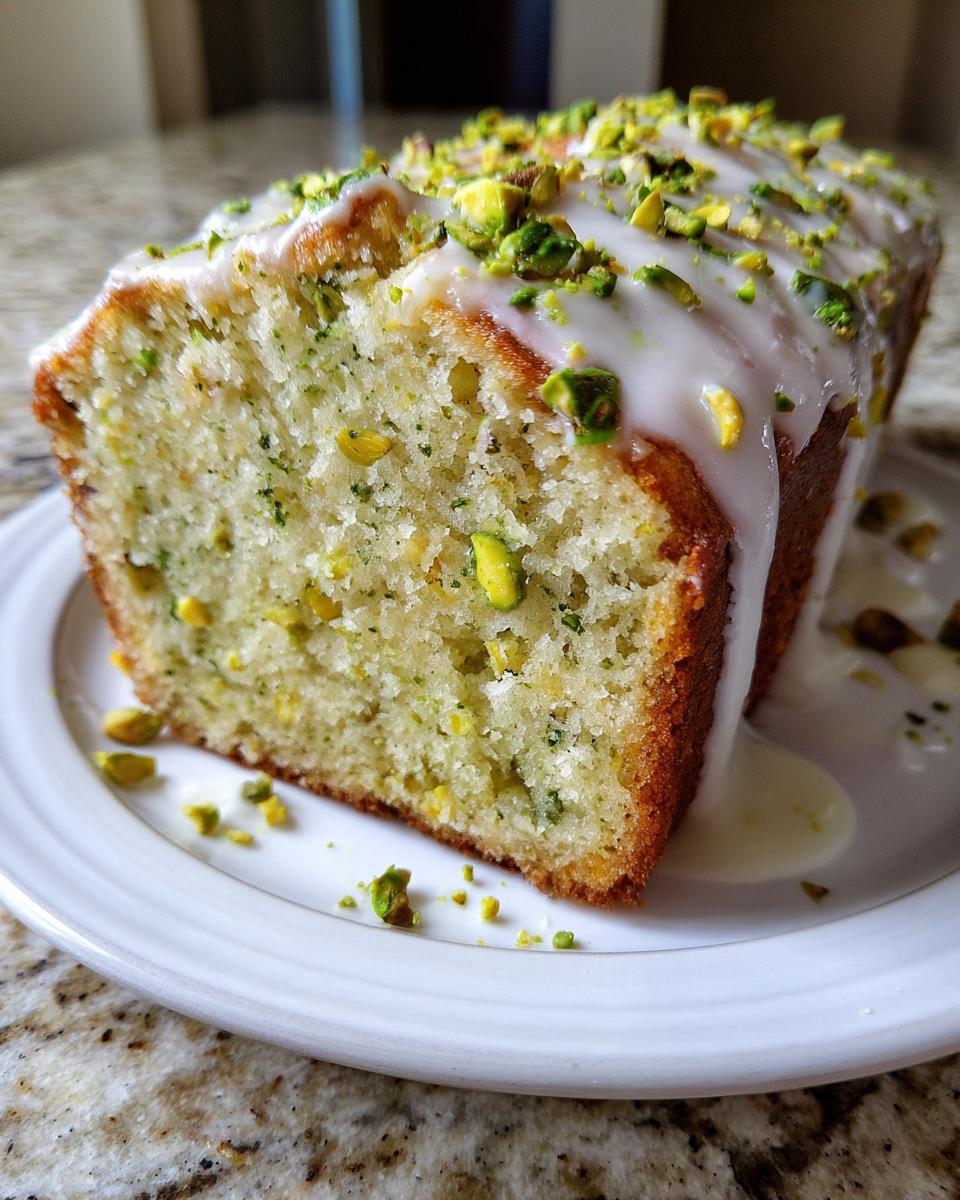 A close-up of a slice of moist pistachio bread topped with white glaze and chopped pistachios.