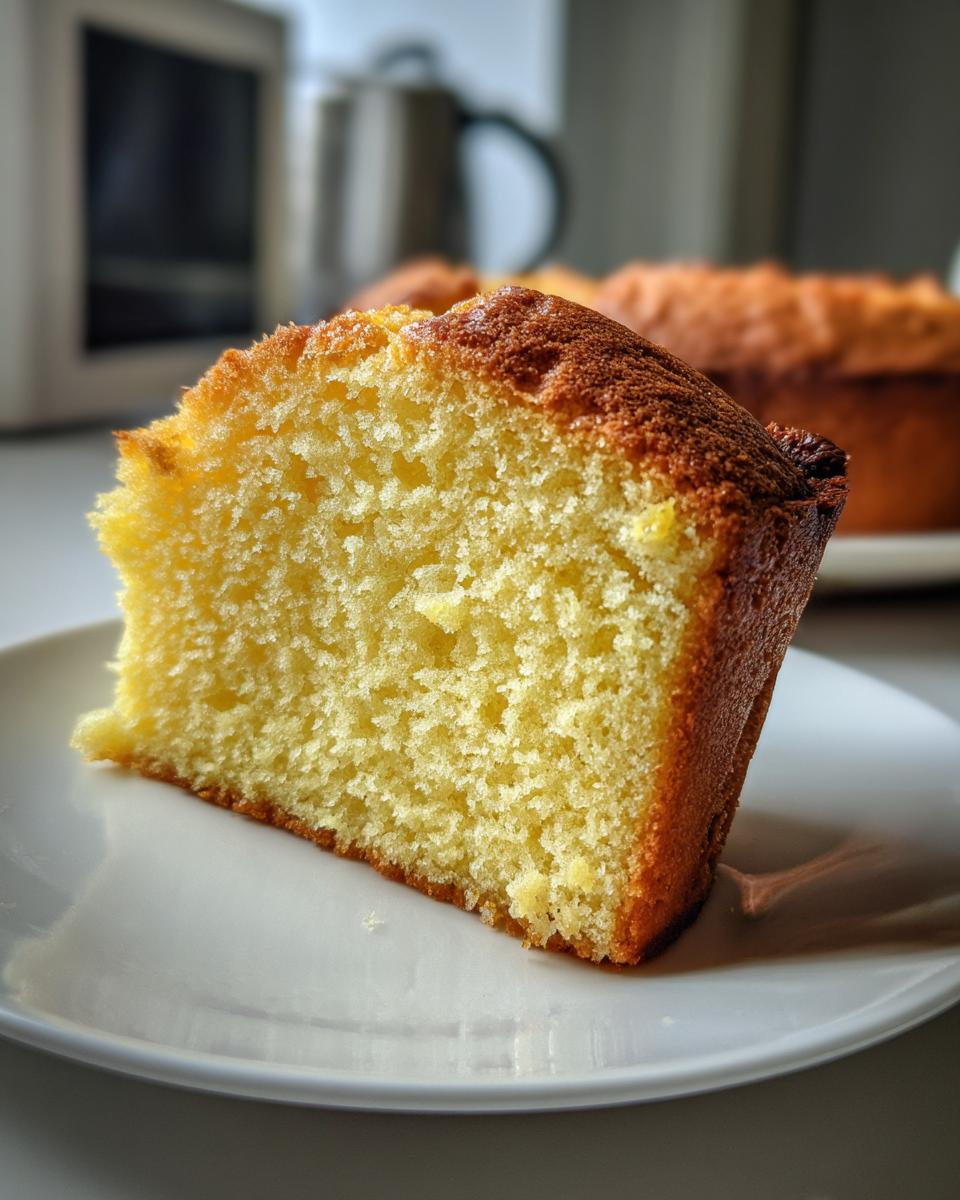 Close-up of a moist slice of yellow olive oil cake with a golden-brown crust on a white plate.