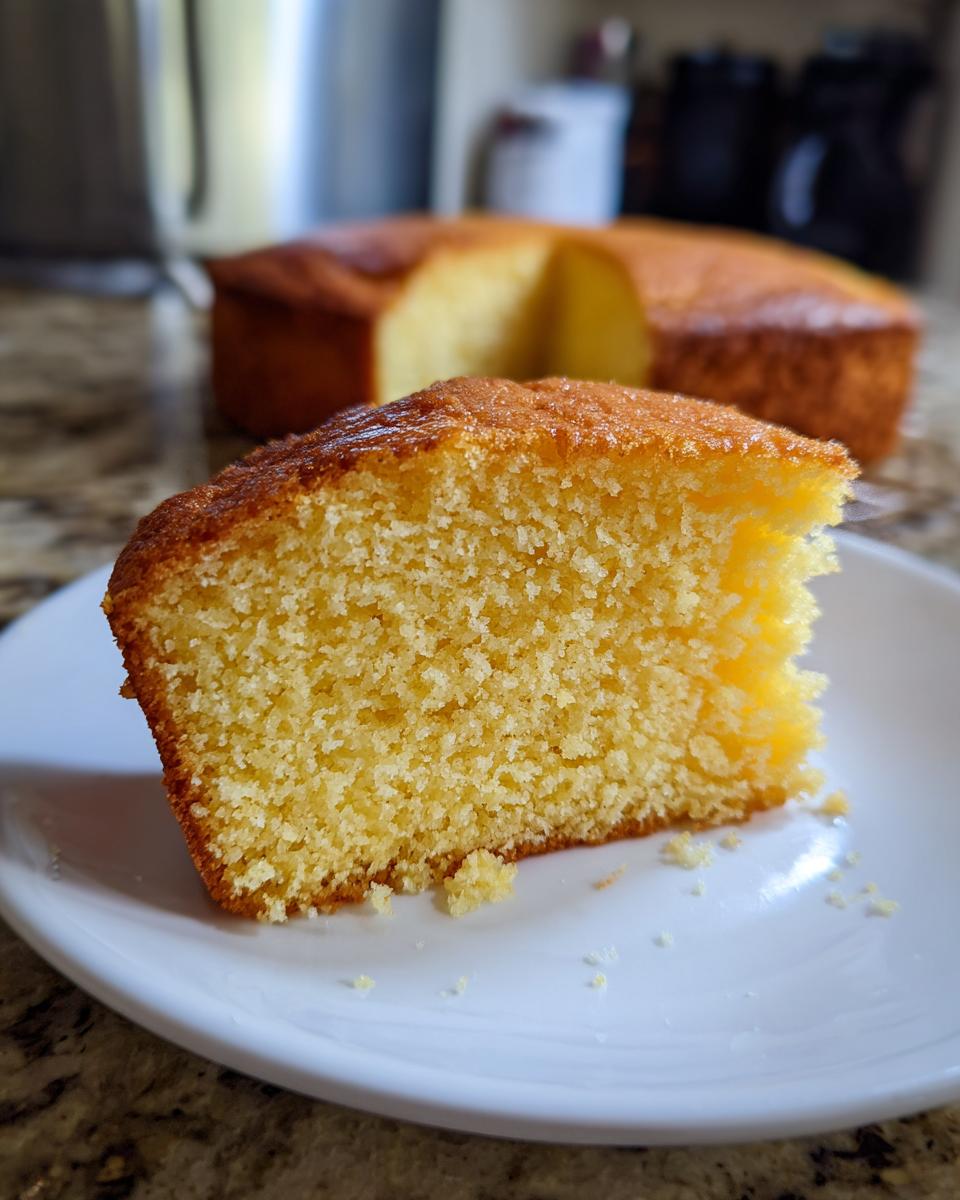 Close-up of a moist slice of yellow olive oil cake on a white plate, with the rest of the cake blurred in the background.