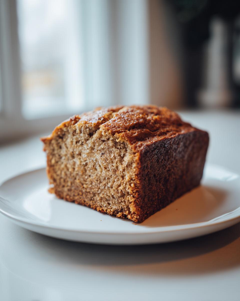 A thick slice of moist sugar free banana bread with a golden-brown crust served on a white plate.