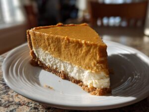 A perfect slice of no bake pumpkin pie showing distinct pumpkin and cream cheese layers on a white plate.