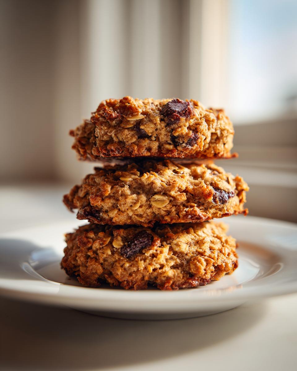 Three delicious oatmeal breakfast cookie stacked on a white plate, featuring visible oats and raisins.