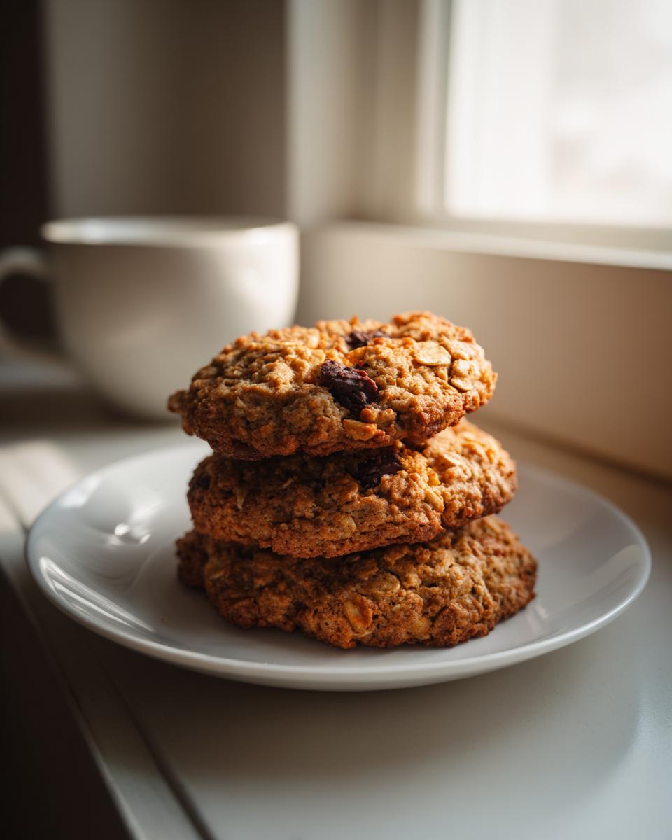 Three stacked oatmeal breakfast cookie with dried fruit on a white plate, next to a blurred coffee mug.