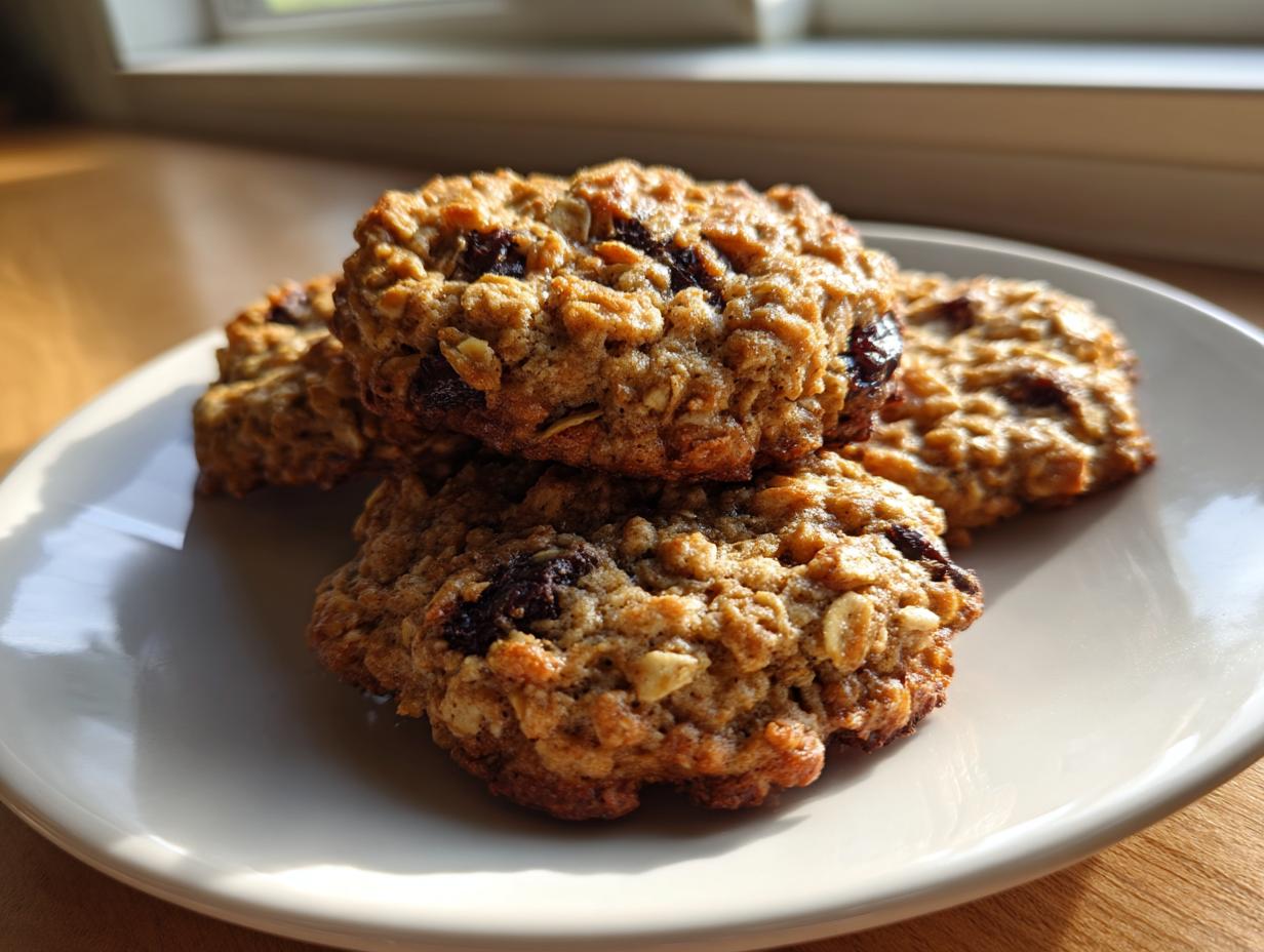 A stack of four golden oatmeal raisin breakfast cookie treats resting on a white plate near a sunlit window.
