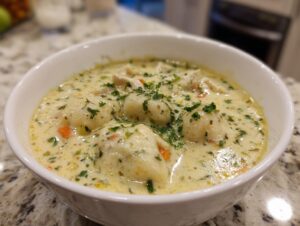 A close-up of a white bowl filled with creamy Olive Garden Chicken Gnocchi Soup, garnished with fresh parsley.