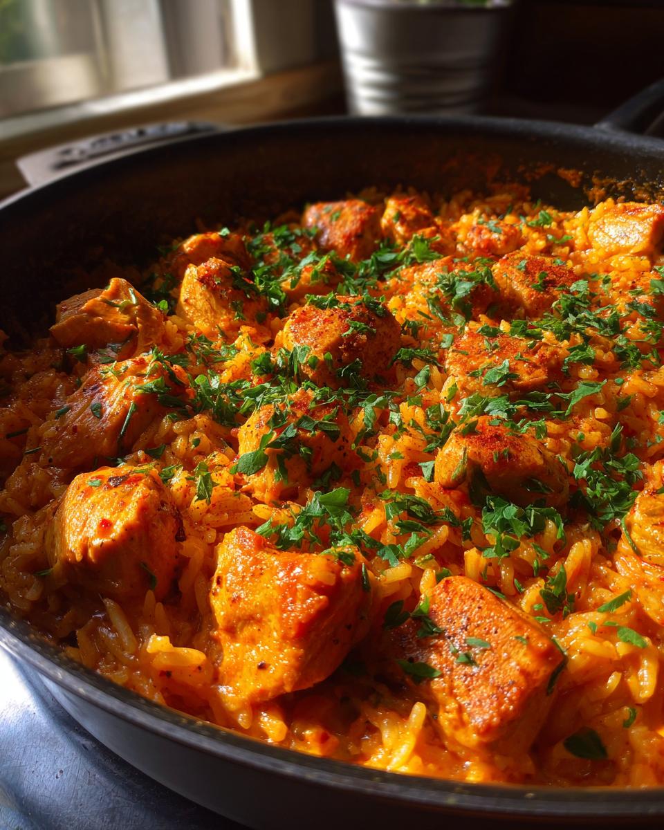 Close-up of flavorful Cajun chicken pieces mixed with orange-tinted rice, garnished with fresh parsley.
