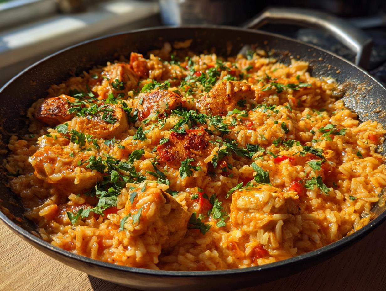 A close-up of one-pan Cajun chicken mixed with seasoned rice and topped with fresh parsley.