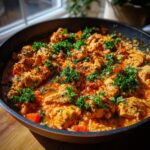Close-up of flavorful Cajun chicken pieces mixed with rice and sauce, garnished heavily with fresh parsley.