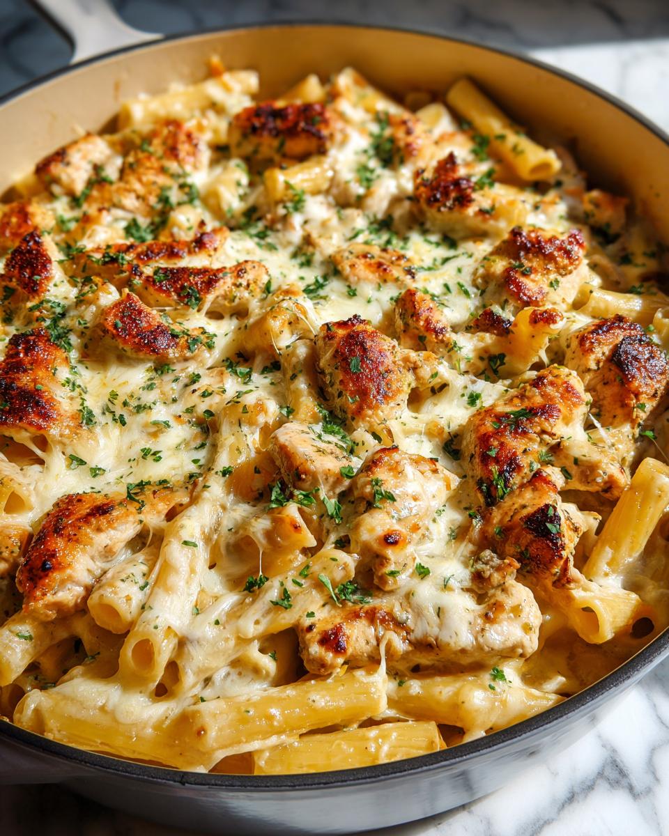 Close-up of creamy pasta with chicken pieces and melted cheese, featuring a rich garlic parmesan sauce.