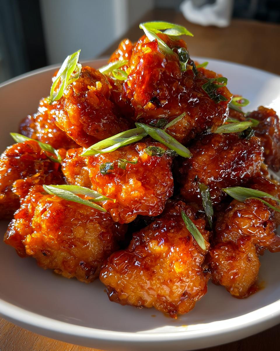 Close-up of crispy chicken pieces coated in a thick, glossy sauce from the orange chicken recipe, garnished with sliced green onions.