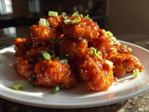 A pile of crispy, glazed chicken pieces coated in rich sauce, garnished with chopped green onions, ready for the orange chicken recipe.