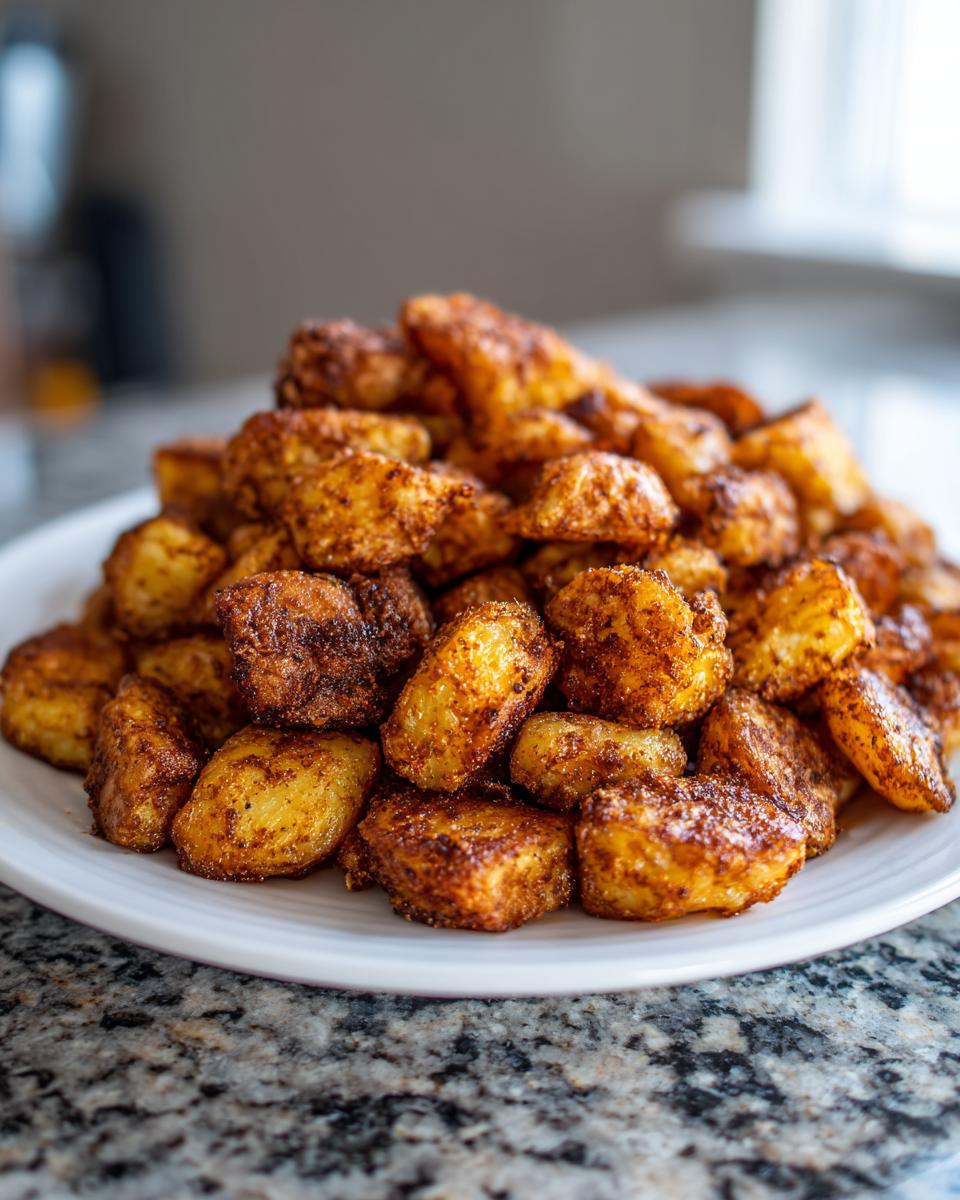 A large pile of golden brown, seasoned oven roasted potatoes served on a white plate.