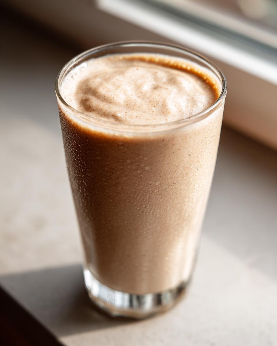 A tall glass filled with a thick, creamy peanut butter banana smoothie, showing condensation on the outside.