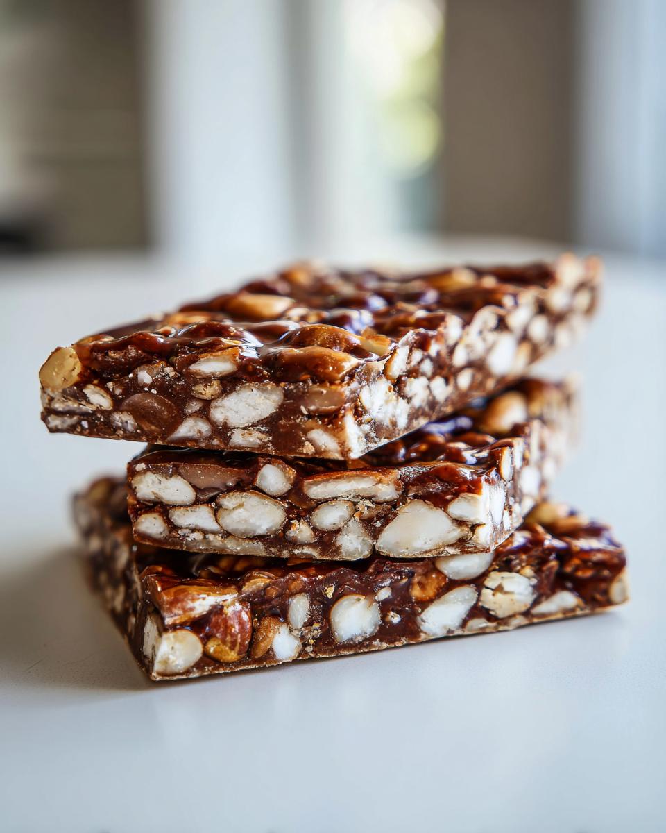 Three rectangular pieces of homemade pecan pie bark stacked on a white surface, showing rich caramel and pecans.