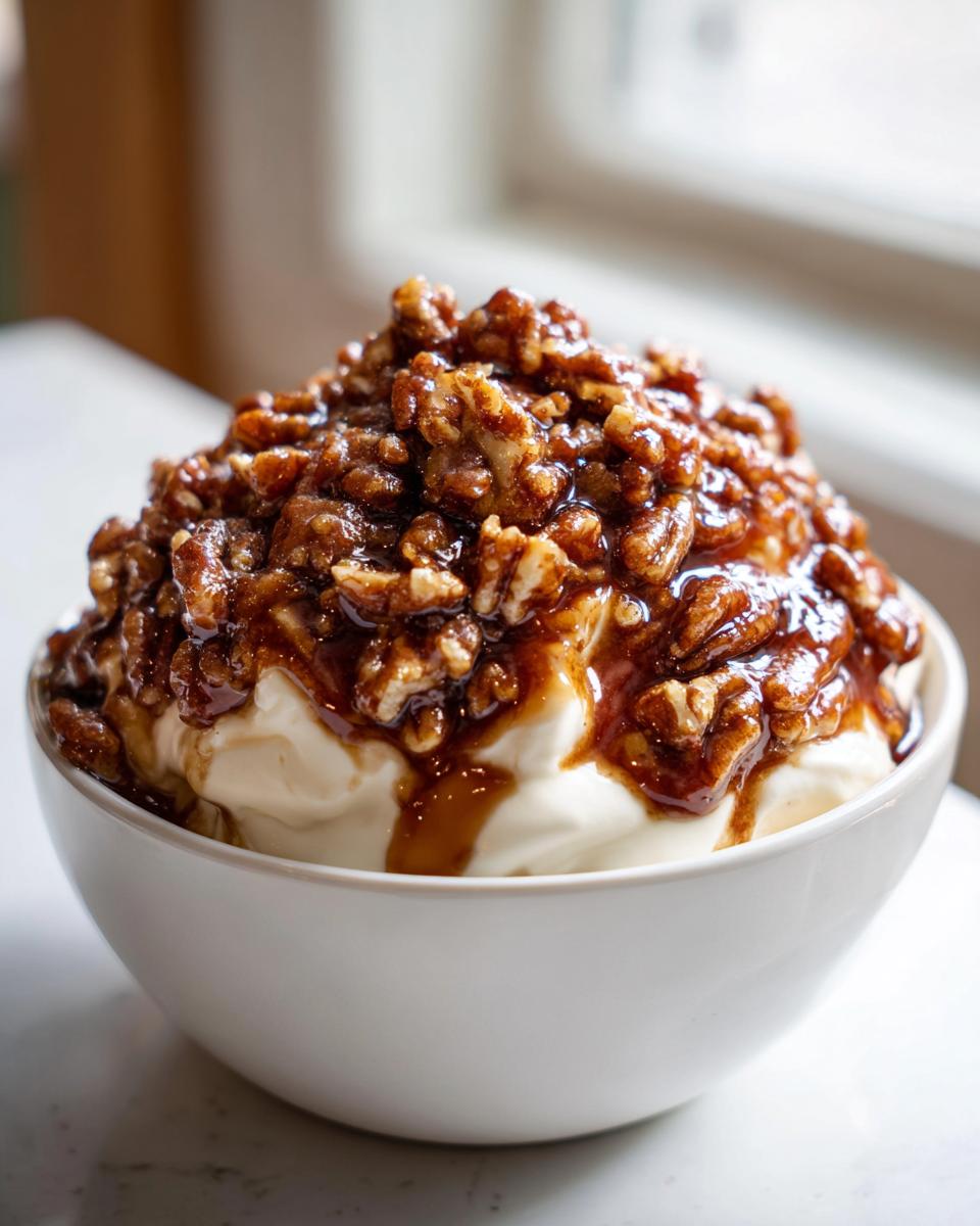 A white bowl filled with creamy pecan pie dip, generously topped with glazed pecans and caramel sauce.