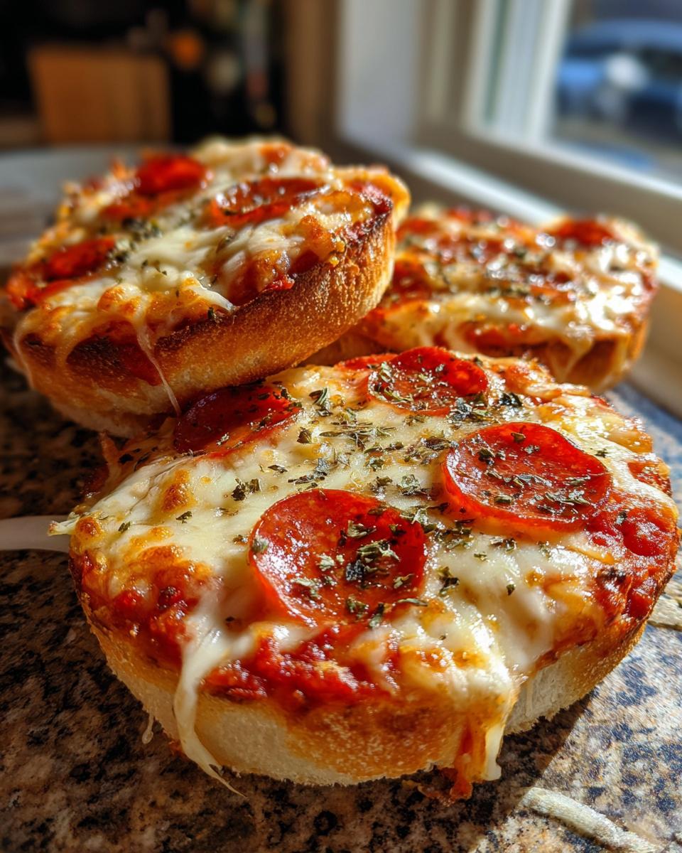 Close-up of three freshly baked pepperoni english muffin pizza halves with melted, gooey cheese and herbs.