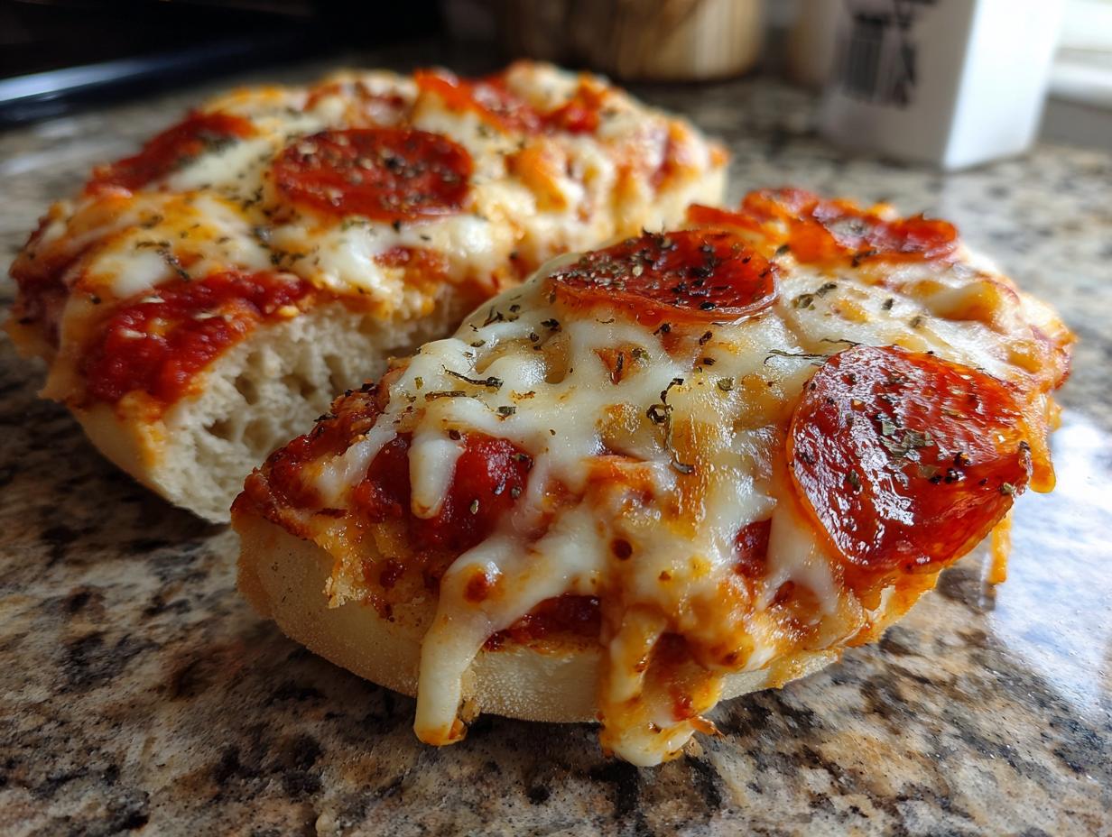 Close-up of two halves of a pepperoni english muffin pizza with melted, gooey cheese and herbs.