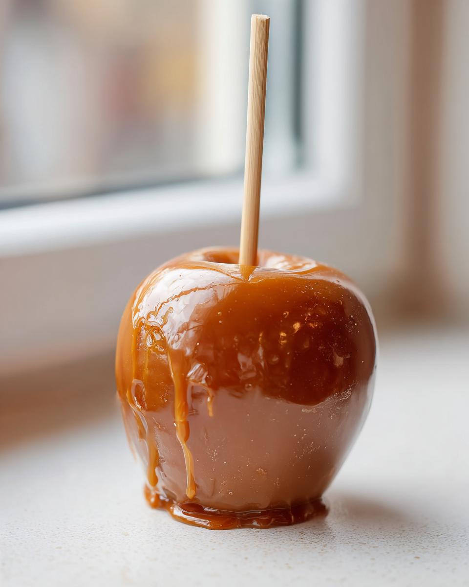 A single, glossy caramel apple on a stick, dripping slightly, sitting on a light surface near a window.