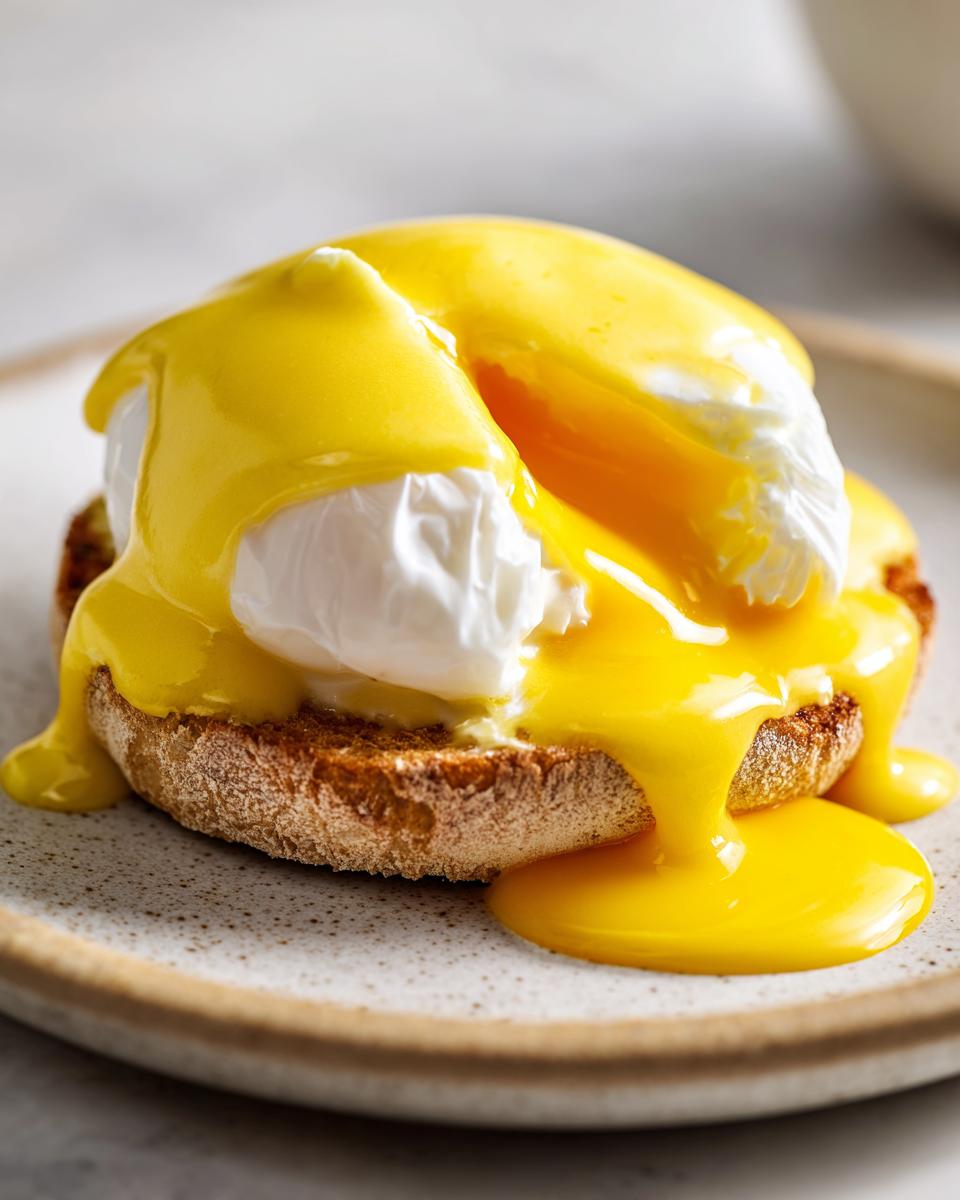 Close-up of Eggs Benedict topped with rich, bright yellow hollandaise sauce dripping over a poached egg and English muffin.