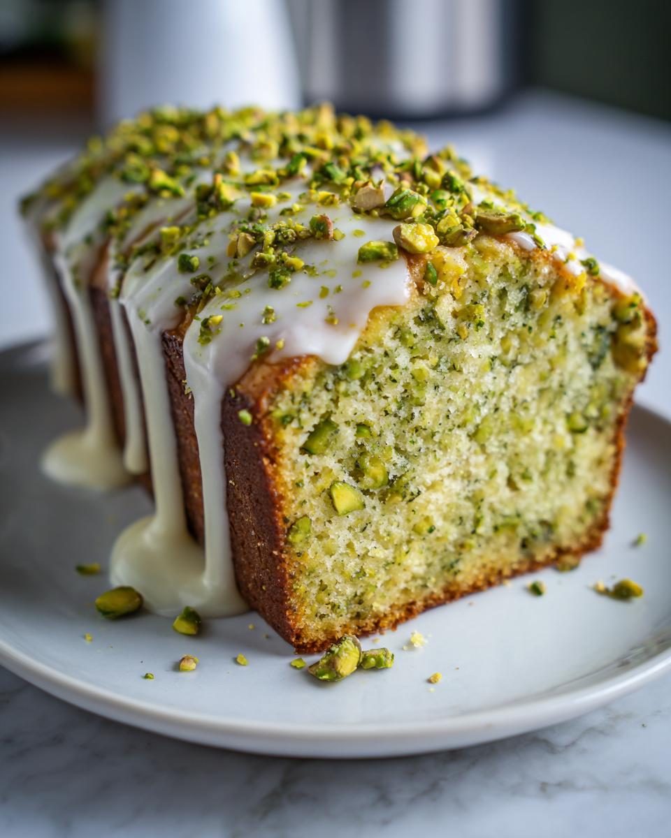 A slice of moist pistachio bread drizzled with white icing and topped with chopped pistachios.