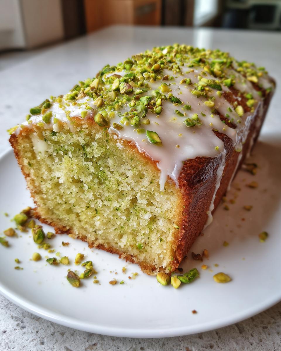 Close-up of a slice of green-tinted pistachio bread topped with white glaze and chopped pistachios.