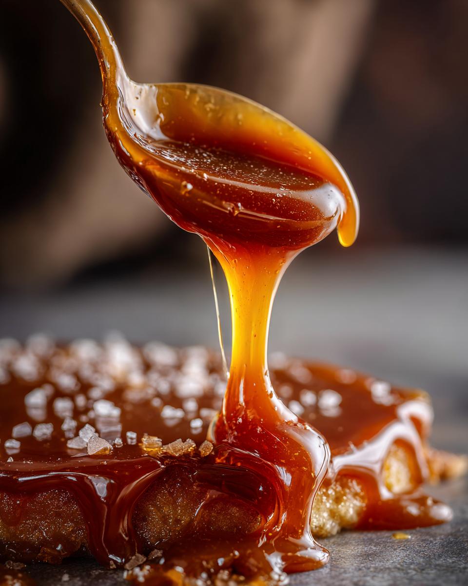 Close-up of thick, golden caramel sauce being drizzled from a spoon onto a dessert sprinkled with sea salt.
