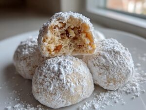 A stack of delicious russian tea cakes heavily dusted with powdered sugar, one cookie is broken open showing the nutty, fruity interior.