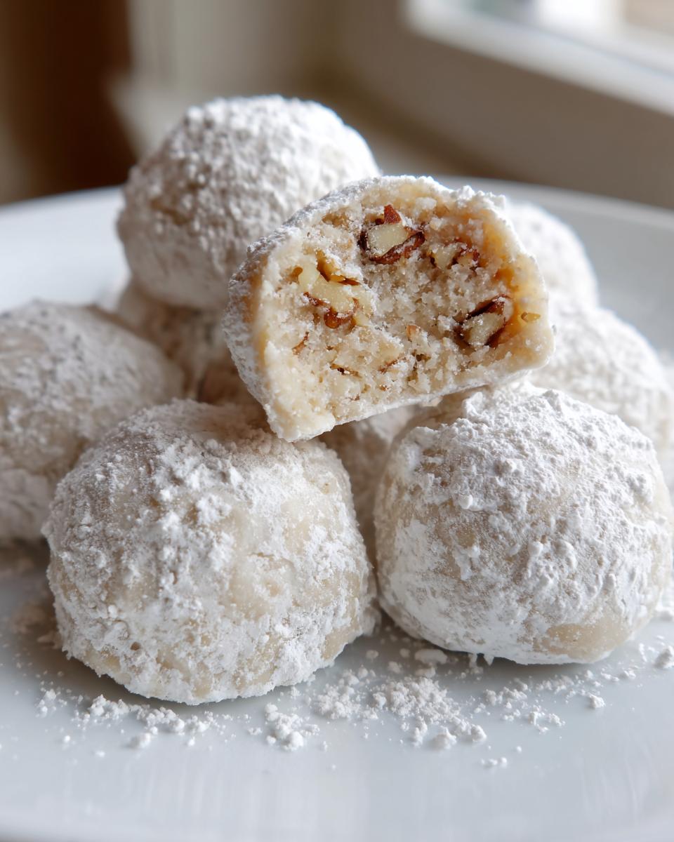 A stack of buttery russian tea cakes heavily dusted with powdered sugar, one cookie is broken open showing chopped pecans inside.