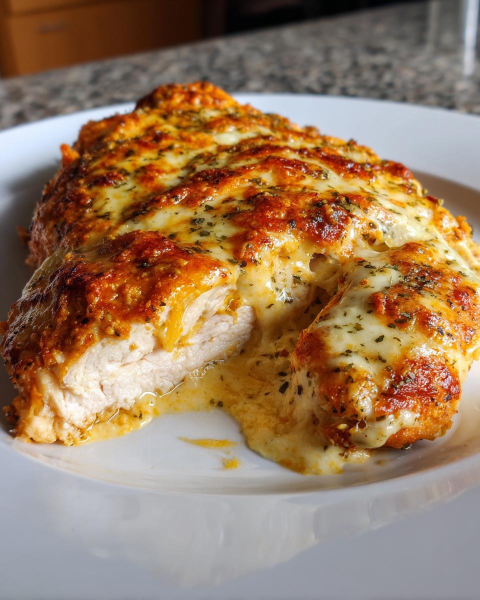 Close-up of a juicy caesar chicken breast topped with melted, browned cheese and herbs.
