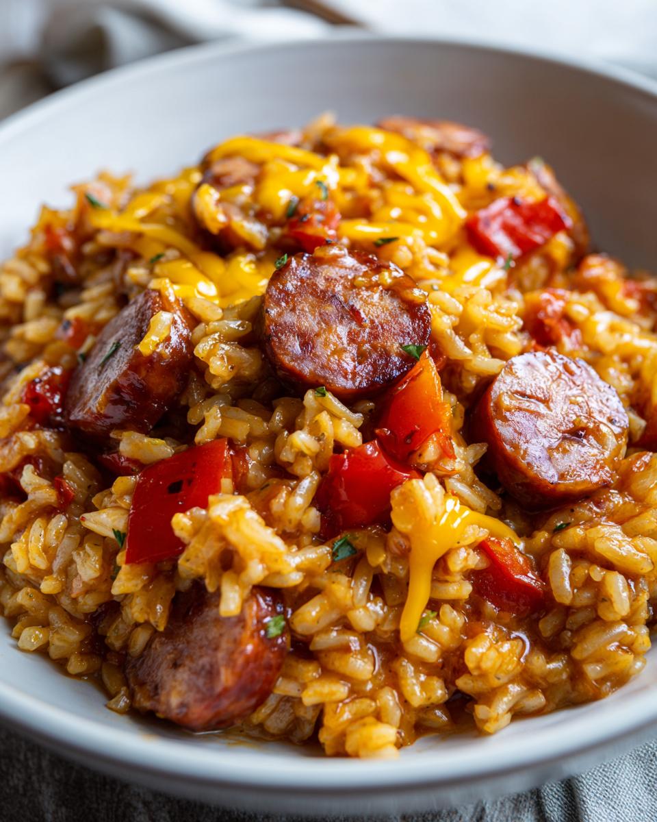 Close-up of a bowl of flavorful sausage and rice mixed with red peppers and topped with melted cheddar cheese.
