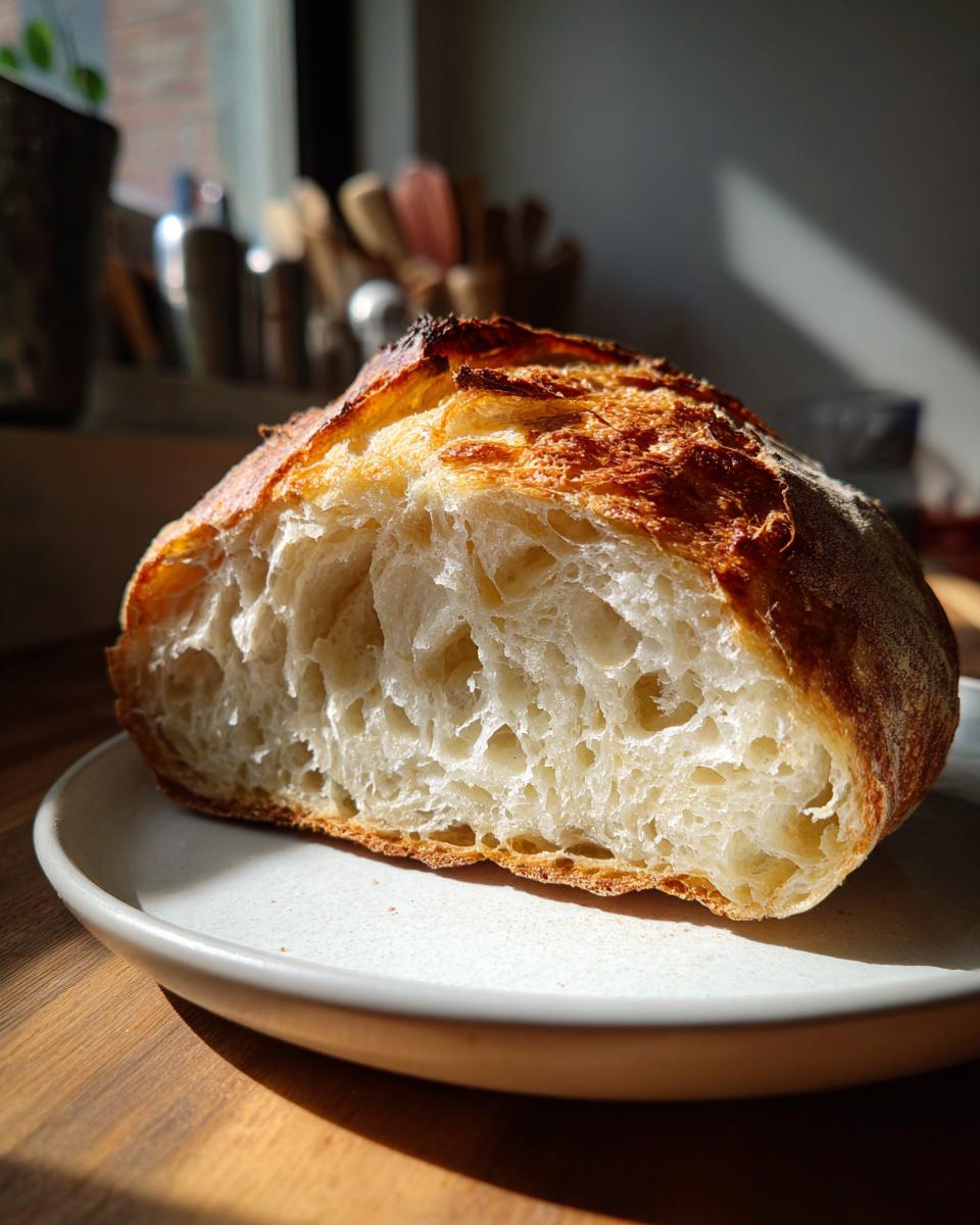 A close-up of a freshly baked yeast bread loaf, cut in half to show the airy, open crumb structure.