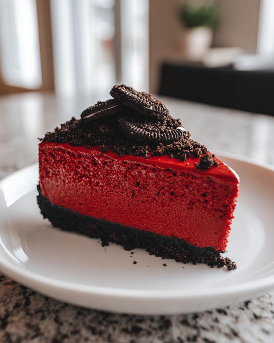 A rich slice of vibrant red velvet cheesecake with a dark chocolate crust and topped with crushed and whole Oreo cookies.
