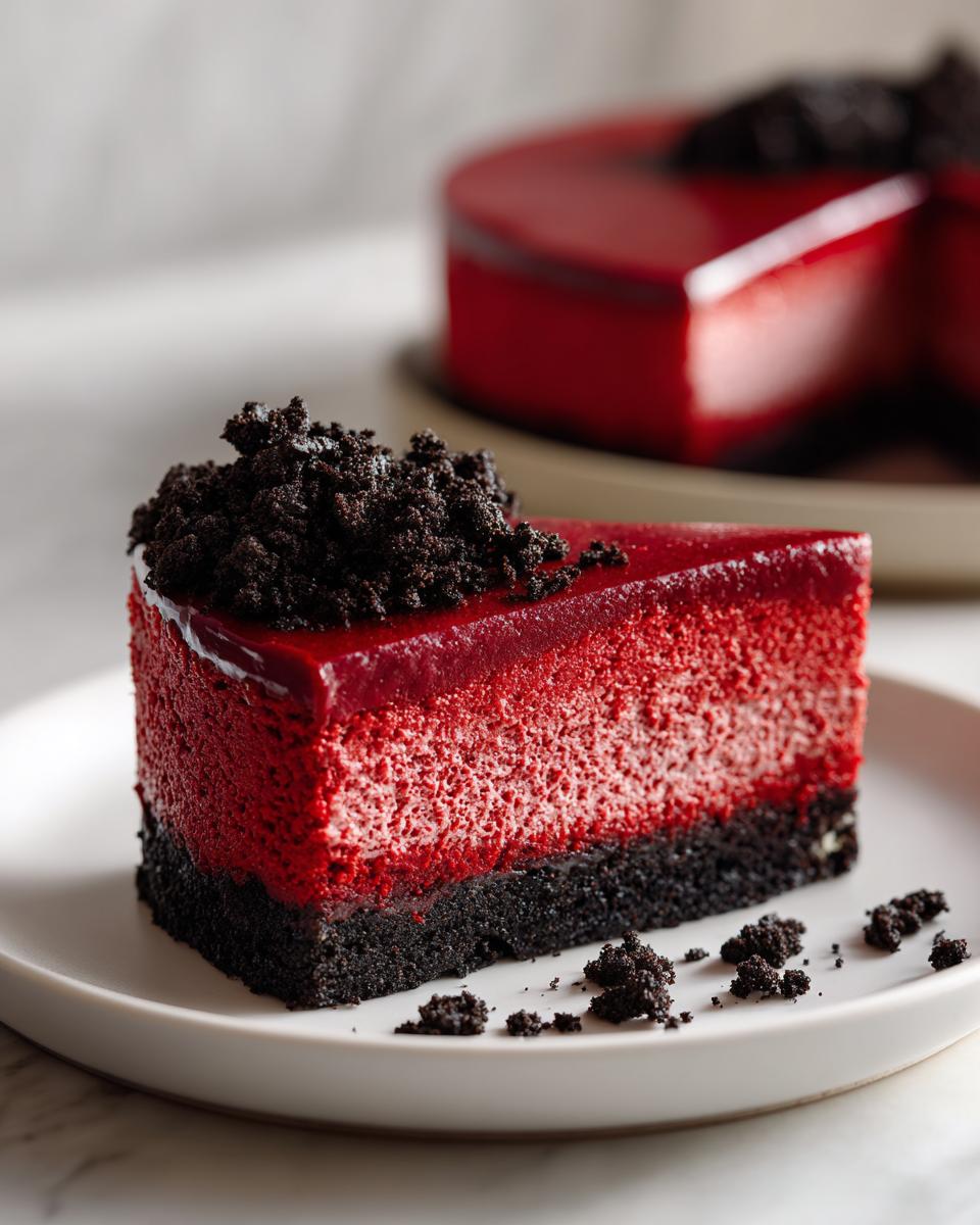A perfect slice of vibrant red velvet cheesecake with a dark crust and crumb topping.