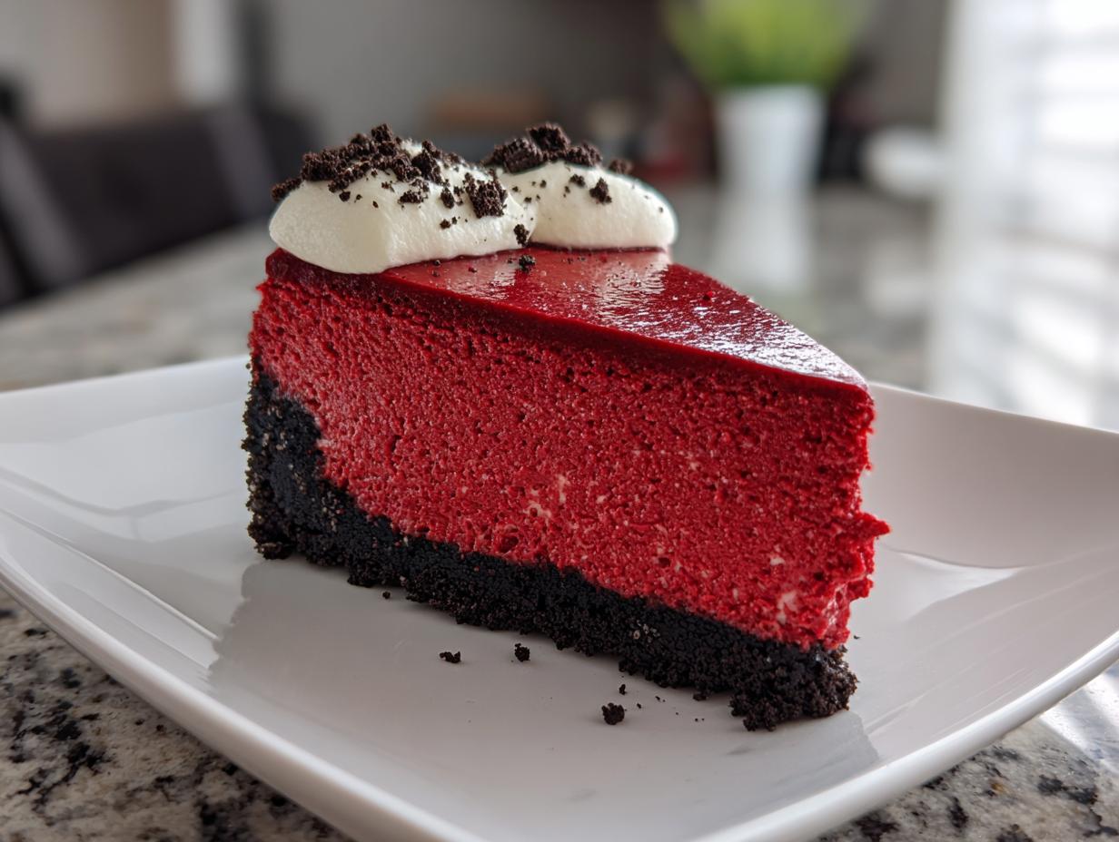 A perfect slice of vibrant red velvet cheesecake with a dark crust, topped with whipped cream and cookie crumbs.